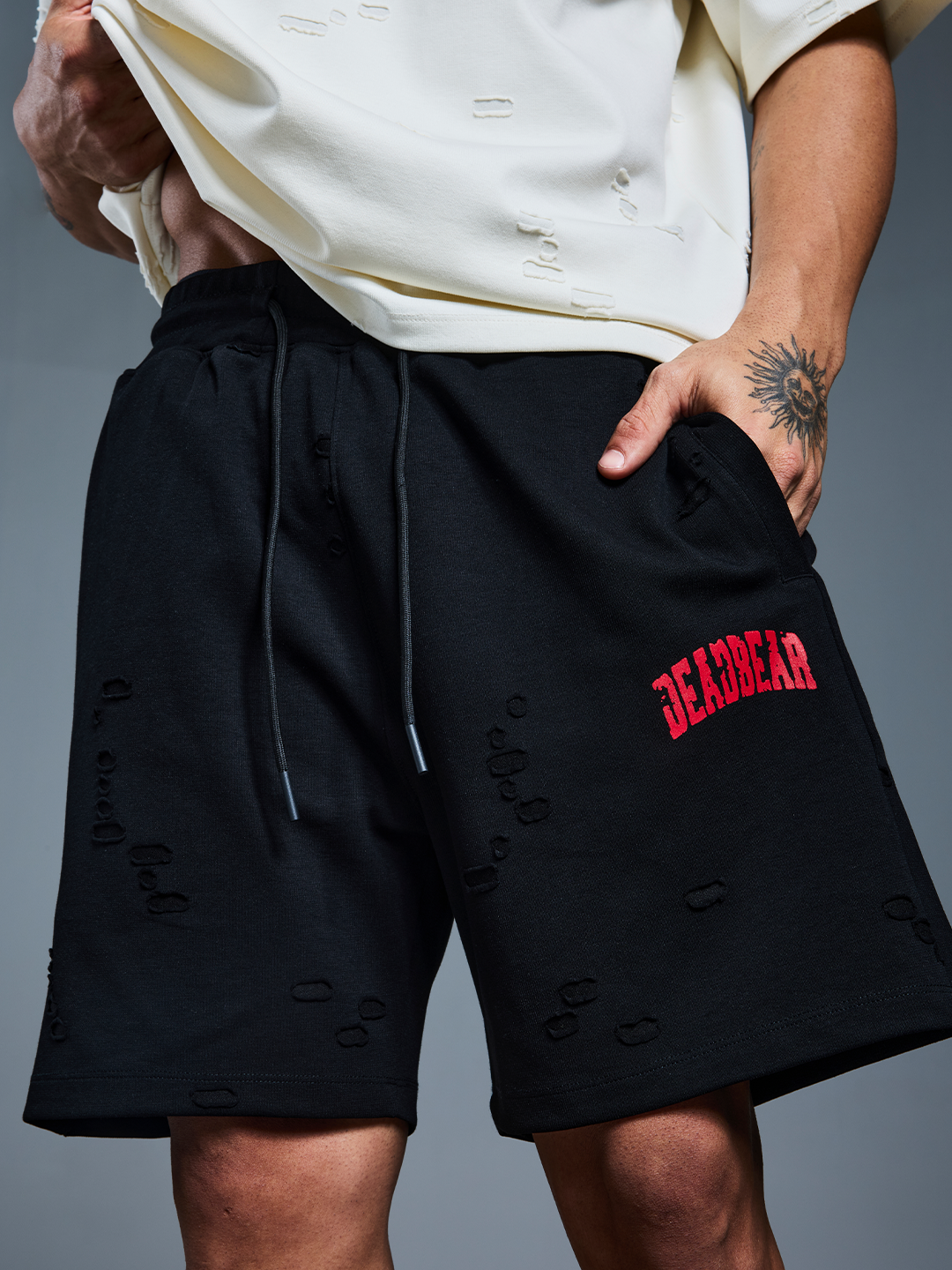 Distressed Black Shorts